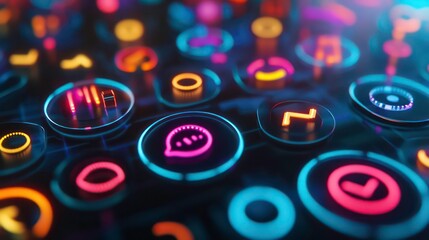 Poster - Colorful glowing icons on a dark background represent social media platforms.