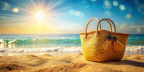 Wicker Beach Bag on Sandy Shore with Ocean Background - Perfect Summer Vacation Scene