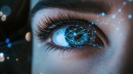 Poster - Close up of a woman's eye with a digital network overlay, representing the digital world and its connection to the human brain.