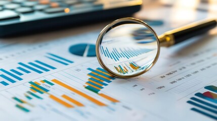 Poster - A magnifying glass is placed on a graph, with a calculator in the background.