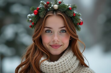 Wall Mural - Beautiful woman with crown of Christmas garlands and Christmas decorations on her head, photorealistic picture, cute, crown of winter