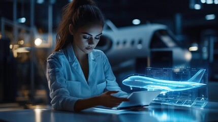 Poster - A young woman works on a tablet in front of a holographic image of an airplane.