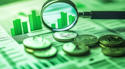 Poster - A magnifying glass focuses on a green bar graph representing growth, surrounded by a scattering of coins and a background of financial data.