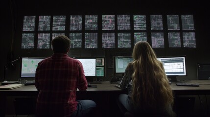 Poster - Two People Working at Computers in a Dark Room with Screens Showing Data