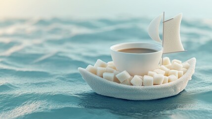 A white cup with coffee sits on a boat made of sugar