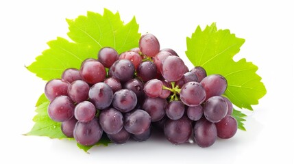 Crimson Delight: A Captivating Cluster of Red Grapes and Green Grape Leaves against a Pristine White