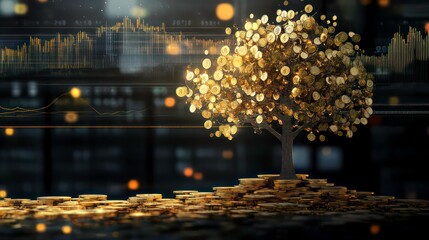 Poster - A gold coin tree stands on a pile of coins with a blurred background of financial charts and lights.