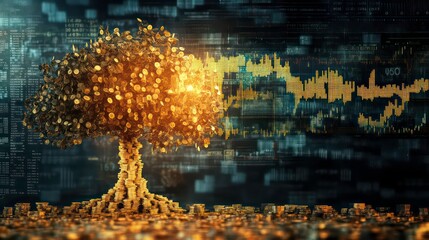 Poster - A golden money tree grows from a pile of coins against a background of financial data.