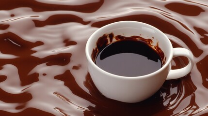 A white cup of coffee is sitting in a pool of chocolate