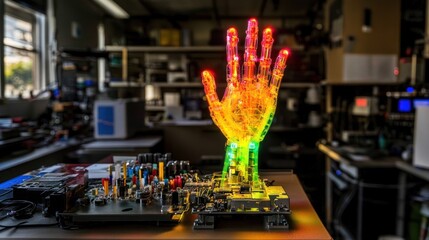 Poster - Illuminated Robotic Hand on Circuit Board in Lab Setting