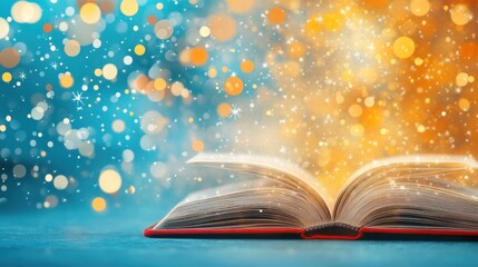 Poster - Open Book Emitting Golden Glow with Bokeh Background