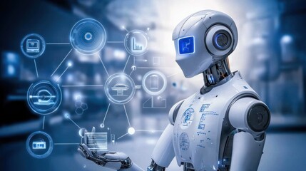Fototapete - White Robot Interacting with Holographic Data Network