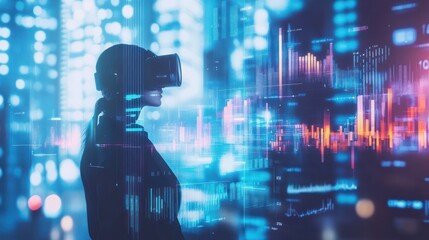Poster - Woman in VR Headset Experiencing Immersive Digital Interface