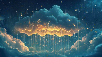 Wall Mural - a digital painting of a night sky with a large cloud raining down a stream of sparkling golden light