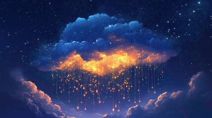 Wall Mural - a large, fluffy cloud illuminated from within by a golden glow, with streaks of light falling from i