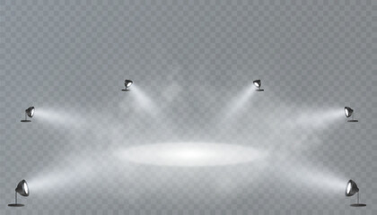 Wall Mural - Spotlight effect. Stage lighting with bright LED strobe lights. Spotlights on a transparent background.