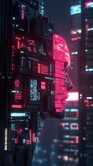 Poster - Digital Humanoid Constructed from Circuitry Against a Cityscape Background