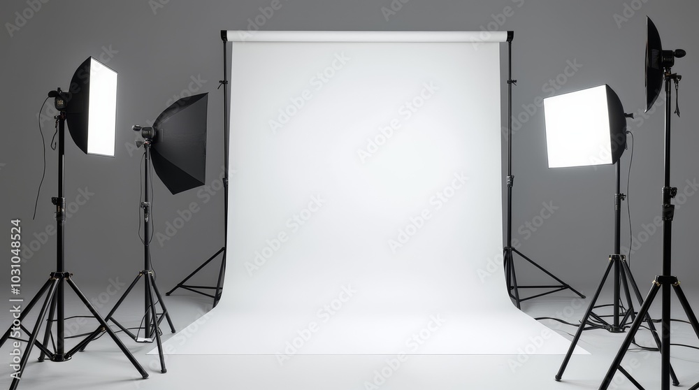 Studio setup with lighting equipment and a white backdrop prepared for ...