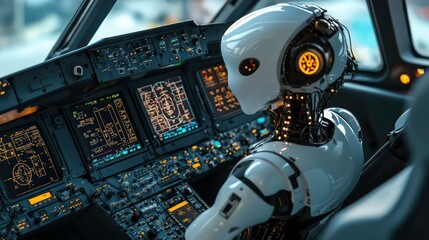 Poster - A humanoid robot sits in the cockpit of an airplane, looking ahead at the controls.