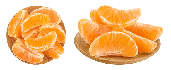 Wall Mural - Tangerine or clementine slices in wooden bowl isolated on white background with full depth of field. Top view. Flat lay