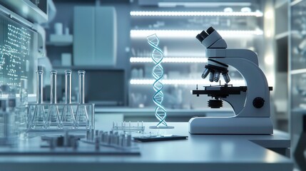 Poster - A modern laboratory setting with a microscope, test tubes, and a DNA model.