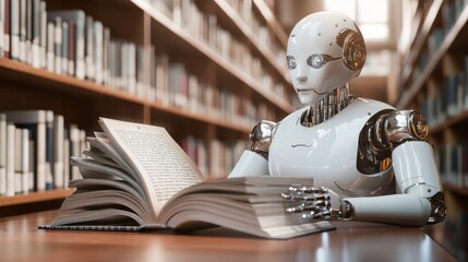 Aufkleber - A White Robot Reading a Book in a Library