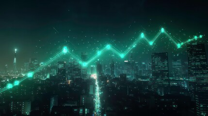 Poster - An upward green glowing line chart over a cityscape at night, symbolizing economic growth or digital transformation.