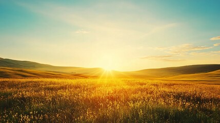 Wall Mural - Golden Sunset Over Rolling Green Hills and a Field of Tall Grass