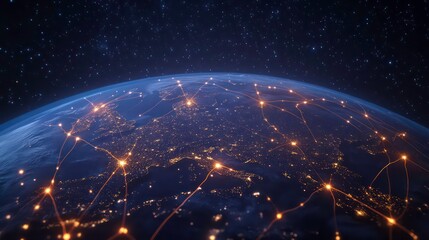 Poster - A glowing network of lines connects cities around the globe, illustrating global interconnectedness.