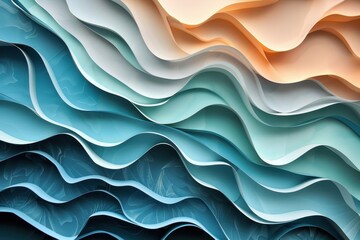 Fototapete - Layers of vibrant paper in various shades of blue and peach create a stunning abstract wave pattern, showcasing artful design and craftsmanship