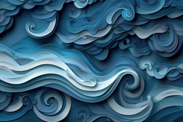 Fototapete - Layers of vibrant paper in various shades of blue and peach create a stunning abstract wave pattern, showcasing artful design and craftsmanship