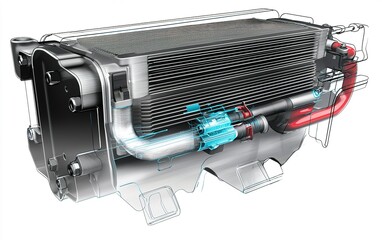 Poster - Detailed illustration of a car intercooler showcasing its internal components and fluid flow during operation