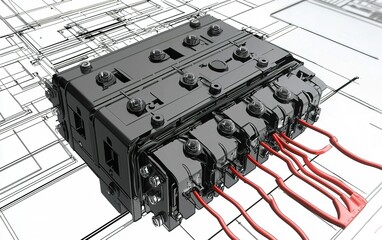 Poster - Detailed illustration of an industrial circuit breaker on a technical blueprint background showcasing its components and wiring connections