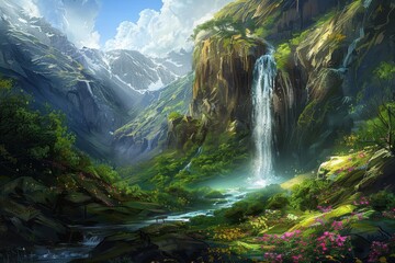 Poster - A stunning waterfall cascading down rocky cliffs surrounded by lush greenery in a misty mountain valley during early morning light