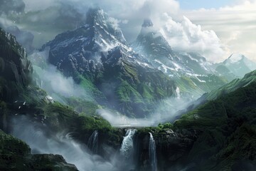Poster - A stunning waterfall cascading down rocky cliffs surrounded by lush greenery in a misty mountain valley during early morning light