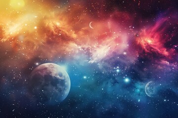 Aufkleber - A vibrant cosmic landscape featuring colorful nebulae, distant stars, and two prominent moons illuminated by a nearby glowing celestial body
