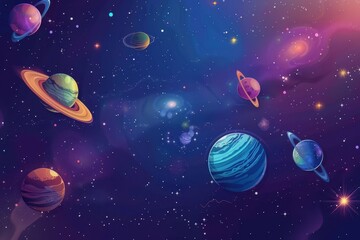 Aufkleber - A vibrant cosmic landscape featuring colorful nebulae, distant stars, and two prominent moons illuminated by a nearby glowing celestial body