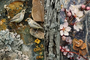 Poster - A vibrant collage of natural elements featuring flowers, leaves, and textures from diverse landscapes, showcasing the beauty of earth's flora and fauna in intricate details