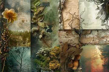 Poster - A vibrant collage of natural elements featuring flowers, leaves, and textures from diverse landscapes, showcasing the beauty of earth's flora and fauna in intricate details