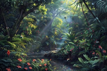 Aufkleber - A vibrant tropical rainforest with lush vegetation, bright flowers, and a winding stream, captured during a misty morning in a serene natural setting