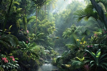 Poster - A vibrant tropical rainforest with lush vegetation, bright flowers, and a winding stream, captured during a misty morning in a serene natural setting