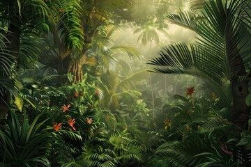 Poster - A vibrant tropical rainforest with lush vegetation, bright flowers, and a winding stream, captured during a misty morning in a serene natural setting