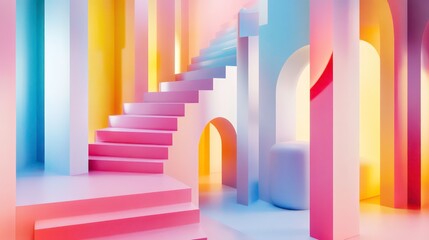 Poster - Abstract architectural scene with colorful stairs, arches, and columns.
