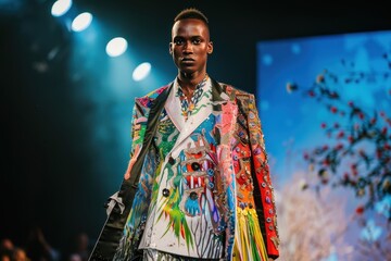 Wall Mural - A model walks the runway in a floral gown during a vibrant fashion show, showcasing creativity and artistry at a high-profile event