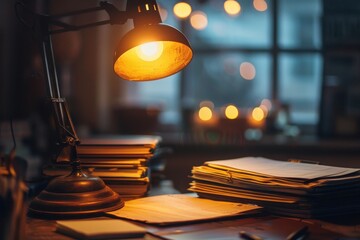 Poster - A warm-lit desk with papers and a lamp in a cozy study setting during the evening, creating an inviting atmosphere for reading and writing