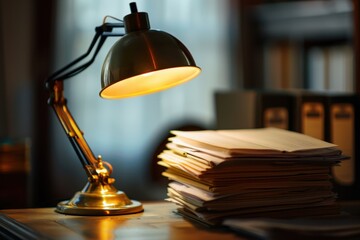 Leinwandbilder - A warm-lit desk with papers and a lamp in a cozy study setting during the evening, creating an inviting atmosphere for reading and writing