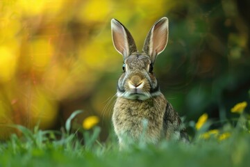 Aufkleber - A close-up view of a rabbit in a lush green garden during a sunny day, capturing its curious expression and delicate features against a blurred natural background