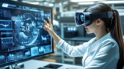 Poster - Woman wearing VR headset interacting with digital data on a computer screen