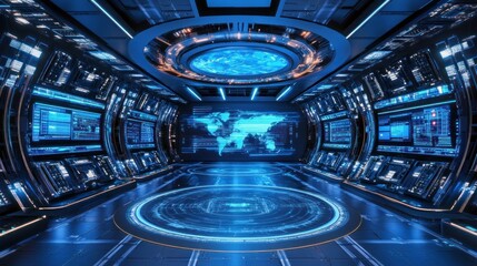 Aufkleber - Futuristic Interior with Blue Lights and Screens Displaying Data and a World Map