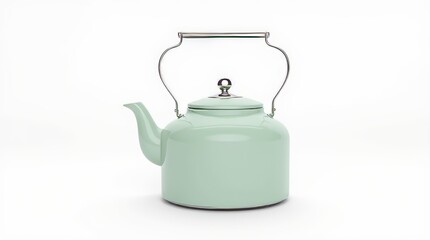 Stylish pastel green kettle with a white handle sitting on a simple background